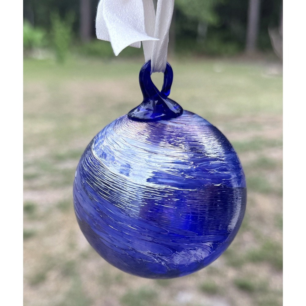 Hand Blown Art Glass Ornament Royal Purple Blue Iridescent Swirl Hanging Ball
